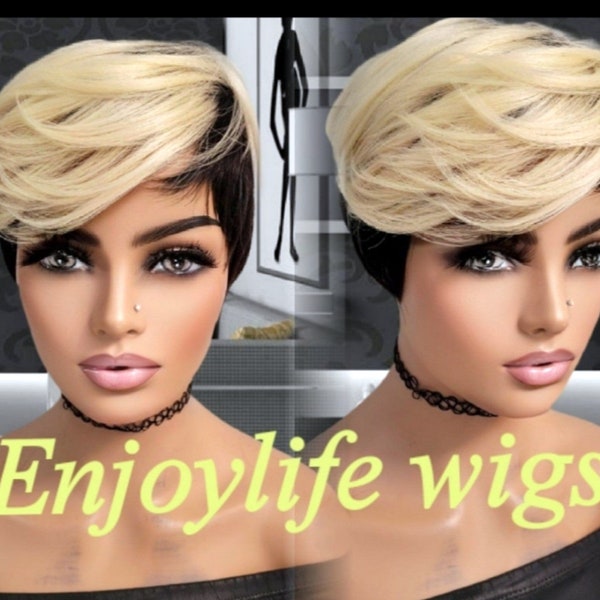 swoop bang Blond top black bottom ombre pixie wig