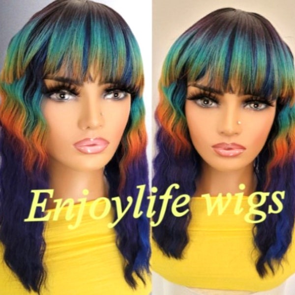 rainbow peacock dream color Chinese bang wavy natural looking wig