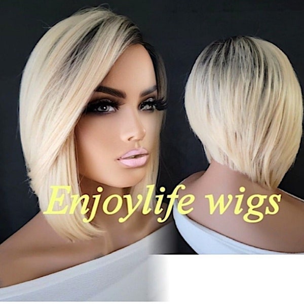 blonde dark root side part dark root bob non lace  wig with natural looking layered cut