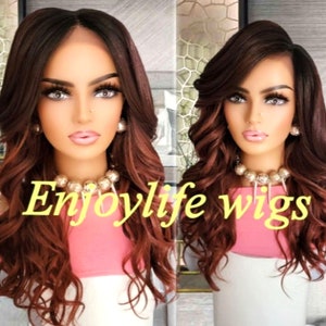 Balayage highlighted red black root wavy lace front wig