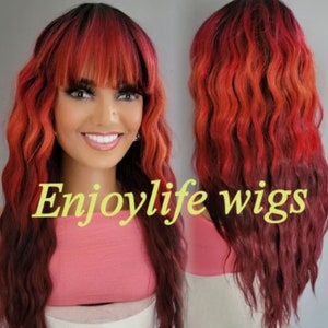 burgundy fire red color dipped wavy ombre balayage Chinese bang wig