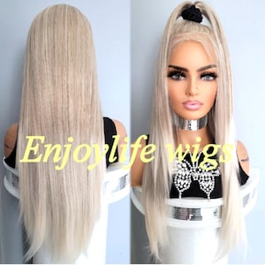 straight blonde cream light ash grey blonde tip balayage hd, free part wig