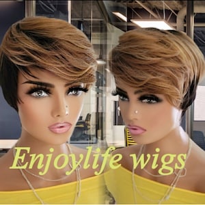 May include: A short, choppy, brown and blonde wig with a side part. The wig is styled with layers and has a natural look. The wig is on a mannequin head and the text "Enjoylife Wigs" is visible in the image.