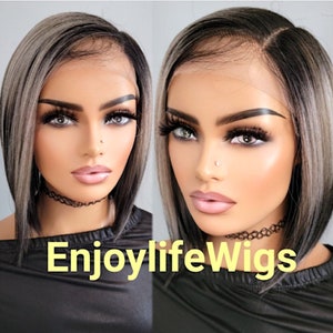 platinum grey bob lace front wig with ash blonde highlights side part perfect for all skin tones heat safe up to 4oo