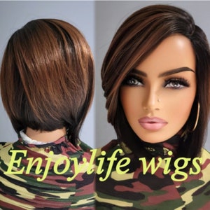 black brown dream layered asymmetrical cut  balayage  highlighted bob non lace natural looking wig