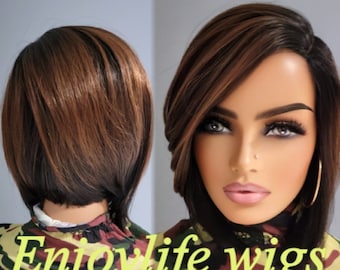 black brown dream layered asymmetrical cut  balayage  highlighted bob non lace natural looking wig