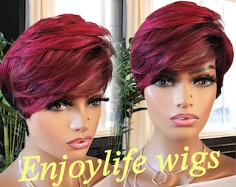 Pixie Short Cut Swoop Bang Ombre Burgundy Red Wine Wig Pixie Short Cut Swoop Bang Ombre Burgundy Red Wine Hair  main image 2