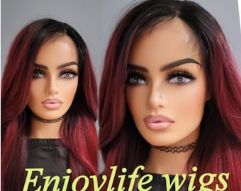 Burgundy Red Lace Front Wig: Loose Wave, Dark Root - Etsy display picture 1