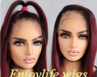 Burgundy Bob Wig: HD Transparent Lace Front, Dark Root