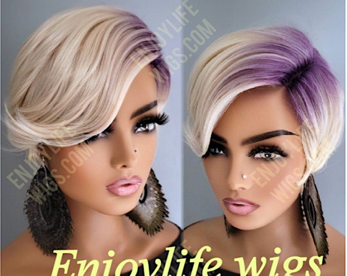 Purple Side Part Blonde Short Pixie Purple Root Side Part Swoop Bang Wig Cute and ...