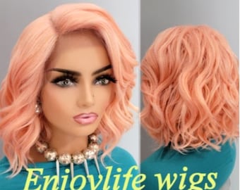 peach Sherbert pink cream wavy lace front wig with deep natural looking side part