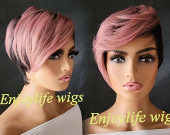 Sexy pink black root adjustable pixie wig this wig is natural looking and cute!!!!