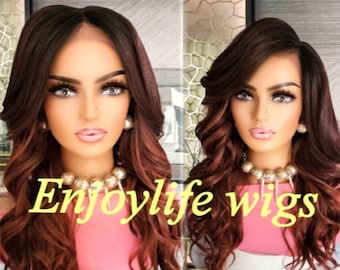 Balayage highlighted red black root wavy lace front wig