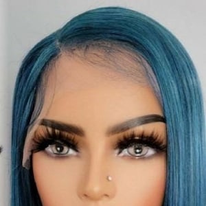 Teal blue dream h.d balayage bone straight lace front bob wig with a natural looking side part