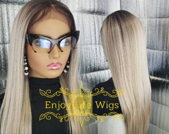 Ash blonde ombre balayage straight lace front side part wig