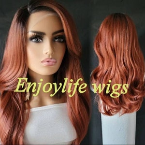 natural looking H.D copper red dark root balayage color wavy lace front wig