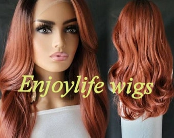 natural looking H.D copper red dark root balayage color wavy lace front wig