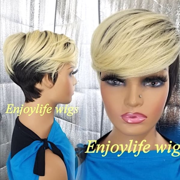 Blond top black bottom ombre pixie wig