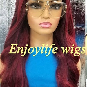 red splash burgundy fusion black root lace front wavy wig
