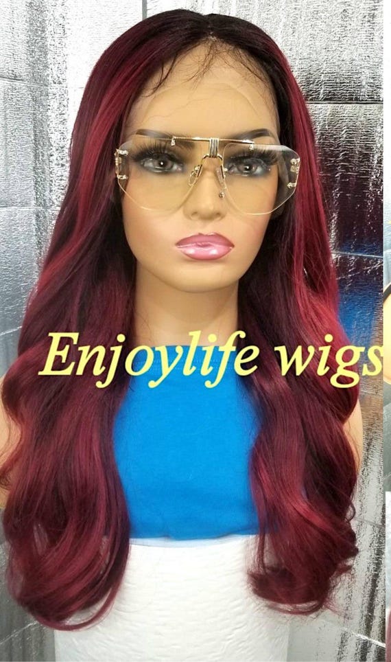 Red Splash Burgundy Fusion Black Root Lace Front Wavy Wig - Etsy