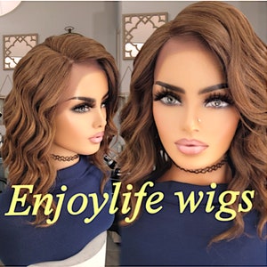 brown ombre lace front wig  with golden honey blonde highlights  this unit has a deep natural looking side part