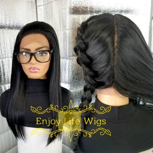 May include: A black wig with a lace front and a braided style. The wig is styled in a straight, long, and sleek look. The wig is on a mannequin head. The text "Enjoy Life Wigs" is visible in the image.