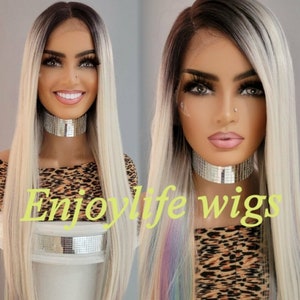 Sexy long ash blonde hd lace front wig. This unit has brown roots with natural soft pastel rainbow highlights