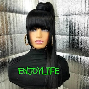 2 pcs 2 in 1  straight clip in hair bang with draw string ponytail can be worn together or separately
