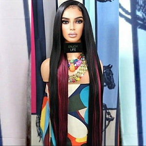 Black h.d long wig with hot pink highlights straight lace front natural looking front wig