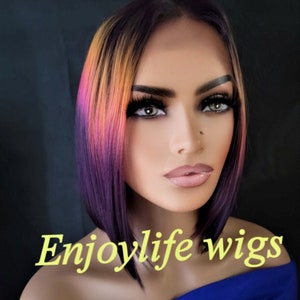 purple pink color explosion bob lace front wig natural looking with deep part image 2