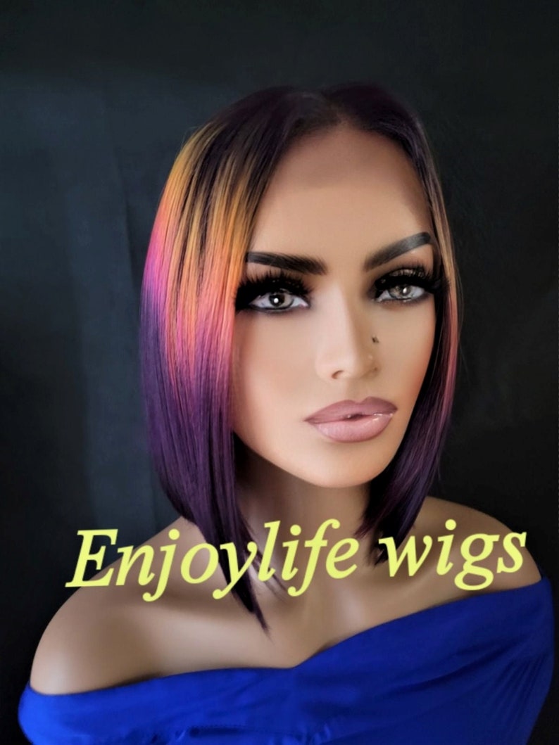 purple pink color explosion bob lace front wig natural looking with deep part image 2