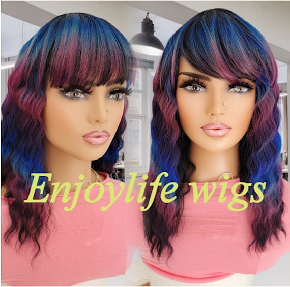 Sexy Purple Plum Blue Dream Color Chinese Bang Wavy Natural Looking Wig Etsy Canada