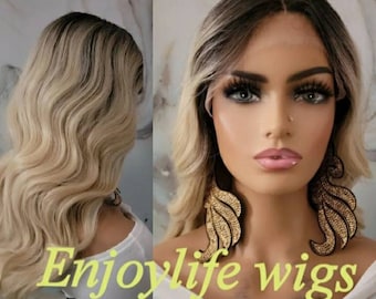 h.d balayage brown root blonde ombre wavy lace front wig with shifting part