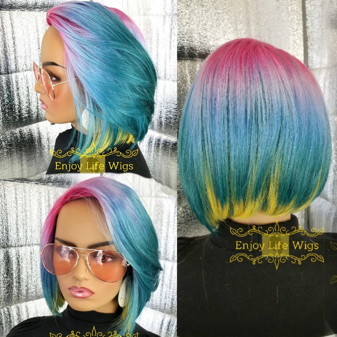 3 color pink blonde blue bob human blend wig Wavymy Ombre Blue To Pink Skunk Stripe Color Wigs 13x4 Body  main image 3