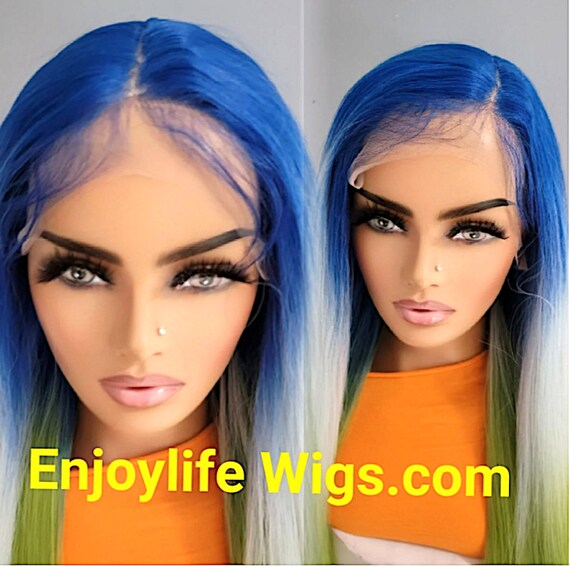 Ombre Balayage Lace Front Wig: Blue, Olive Green, Blonde HD  display picture 3
