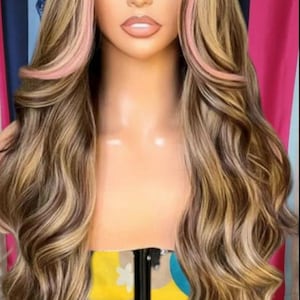 Piano dream blonde  wavy silky  hd lace front wig with hot pink brown highlights this wig is perfect
