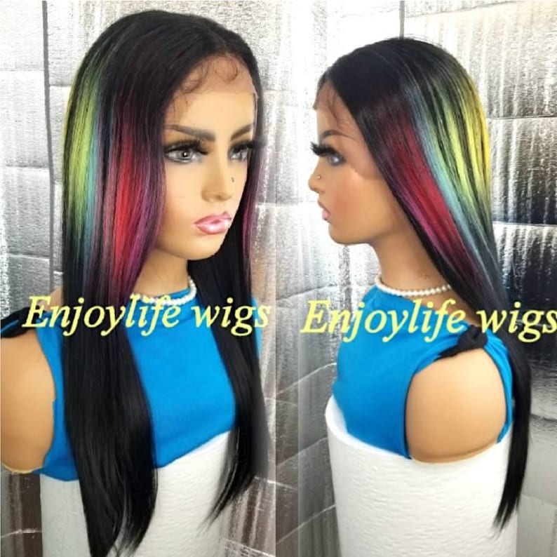 Black 3D multi-color splash custom dyed straight lace front wig image 3