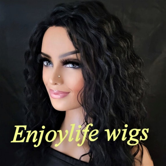 Black Hawaiian Water Curl Curly Wig With Deep Side Part Non - Etsy Black Hawaiian Water Curl Curly Wig With Deep Side Part Non - Etsy