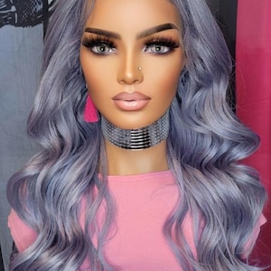 Grey blue wavy hd lace front wig natural looking and adjustable