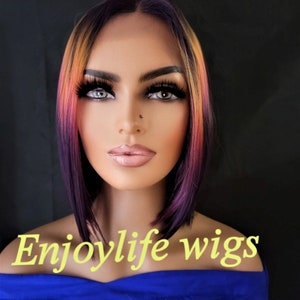 purple pink color explosion bob lace front wig natural looking with deep part image 3