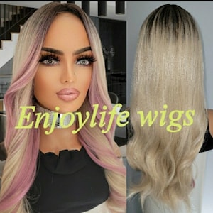 Wavy balayage blonde wig with soft pink highlights