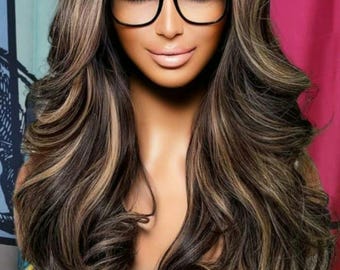 24" Brown Balayage Wavy Human Hair Wig, Golden Blonde Highlights
