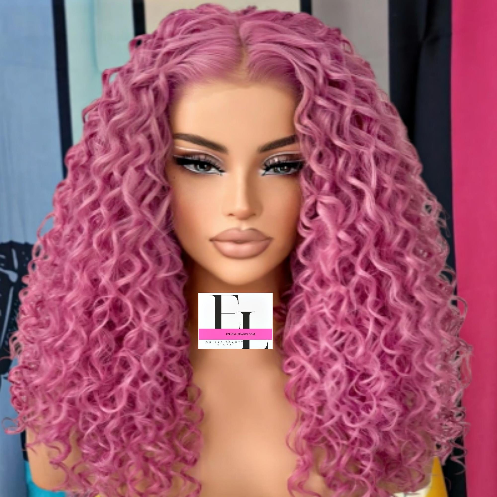 sexy natural looking freepart rose purple  Hawaiian water curl  fusion curly lace  front hd wig with adjustable straps