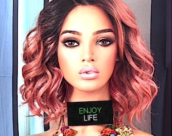 Rose Gold Wavy Bob Wig, Dark Roots, H.D. Lace Front