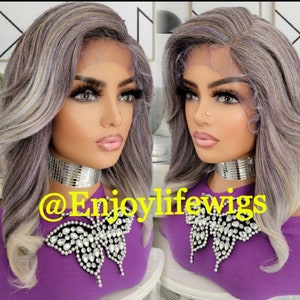 Sexy silver grey purple highlighted wavy side part wavy lace front wig