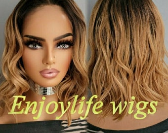 golden highlighted brown dark root Beach wavy lace front wig