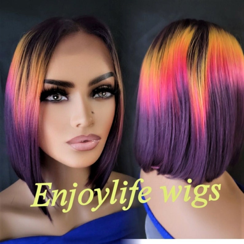 purple pink color explosion bob lace front wig natural looking with deep part image 1