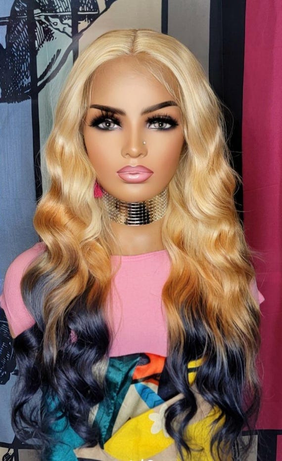 - honey blonde dipped wavy wig Natural Wavy Deep Golden Blonde Brown Tip Dipped Wavy Lace  main image 4