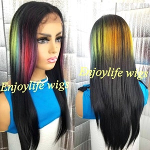 Black 3D multi-color splash custom dyed straight lace front wig image 4