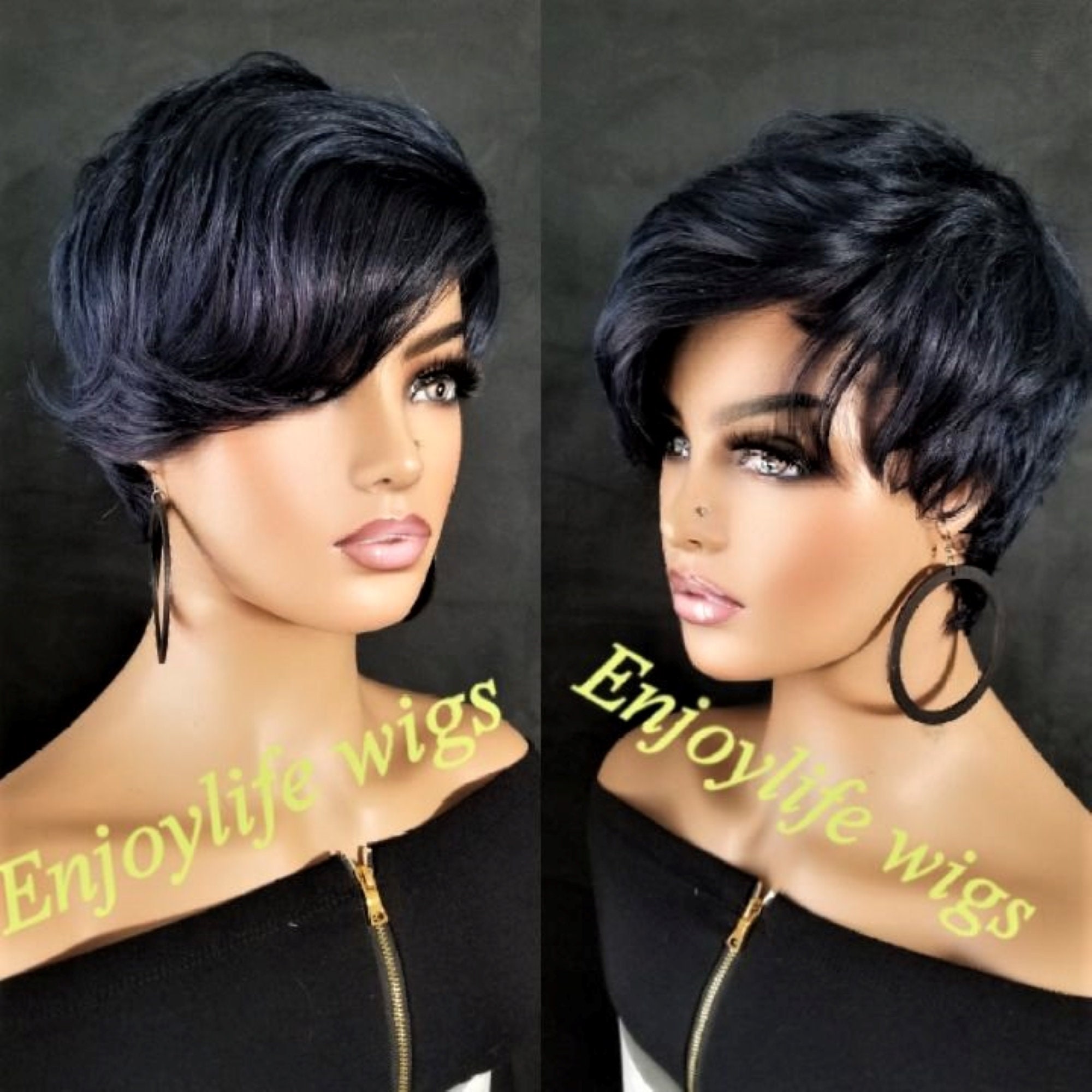 Blue Black Pixie Wig, 100% Human Hair With Adjustable Straps  display picture 1